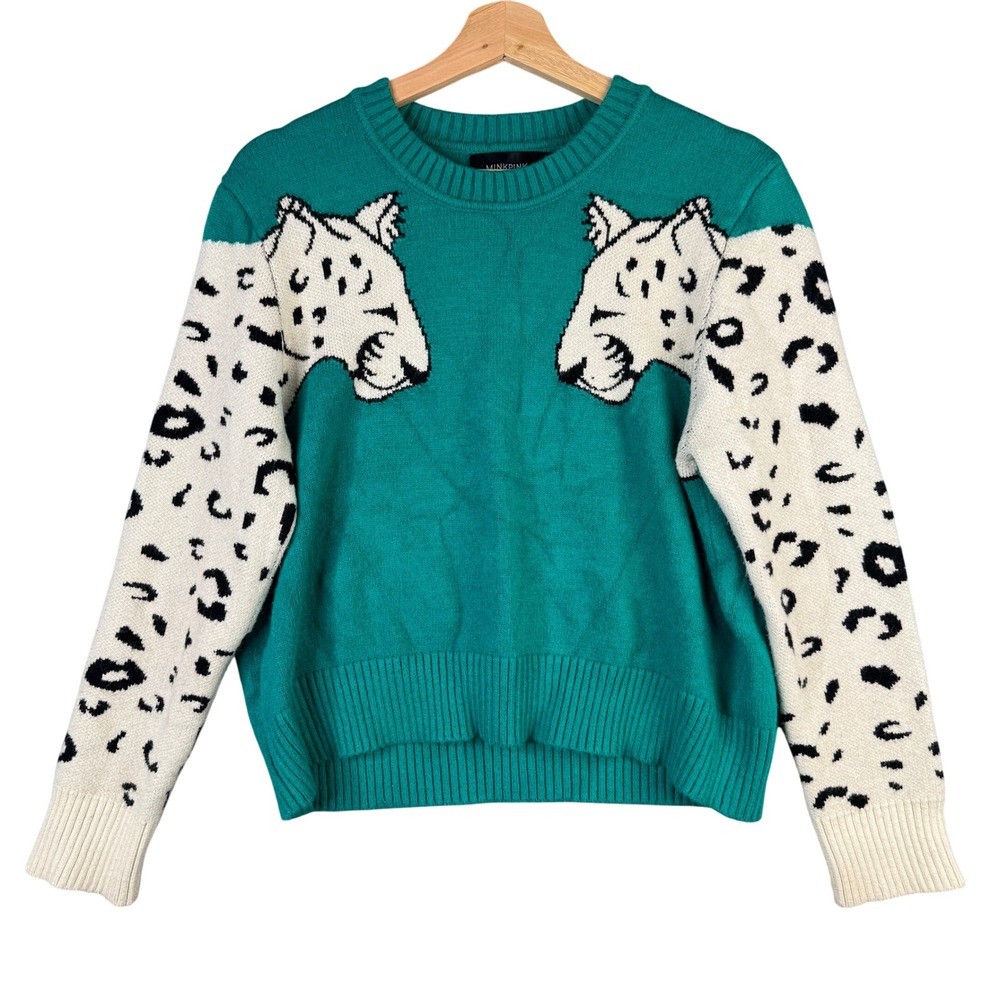MINKPINK Teal Snow Leopard Intarsia Knit Crew Neck Sweater Size M
